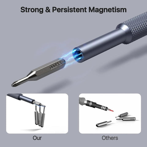 AXTH 128-in-1 precision screwdriver with magnetic tip; silver knurled handle and blue magnet glow.