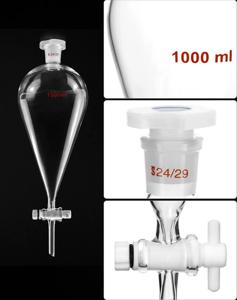 Beefy 1000ml Heavy Duty Conical Separating Funnel With 24 29 Joint PTFE Stopcock And Lab Distillation Support Rack For Stable Titration And Liquid Liquid Extraction, borosilicate glass