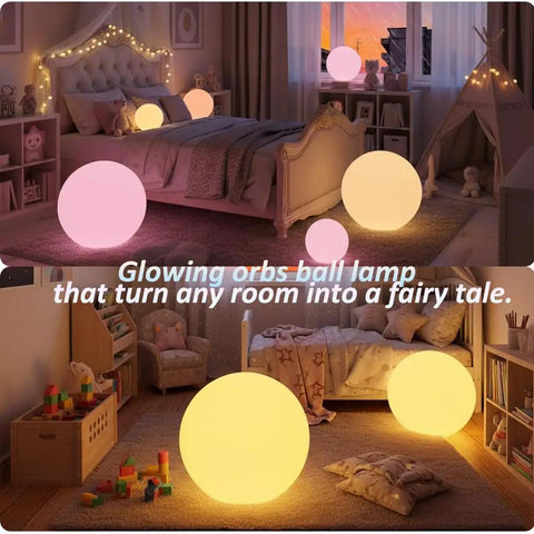 16 inch rechargeable LED globe light with remote in children's bedroom, two glowing RGB orbs on floor and bed, warm ambiance lighting