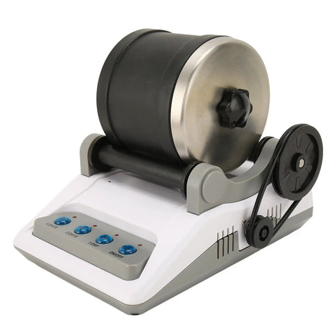 Rock Polisher Kit For Beginners With Stable Construction And Endurance Motor Easy To Use Rock Tumbler For Kids And Adults Includes Rocks Polishing Powder Perfect DIY Home Hobby Project For Polishing And Shaping Stones, showing a compact motorized rock tumbler with black barrel.