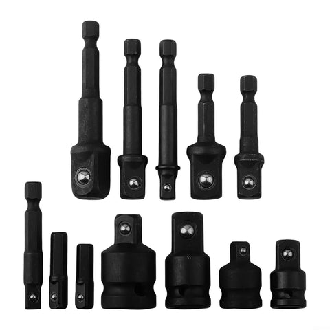 Premium 12 Piece Sockets Adapter Set With Hex Shank Extender Bar Kit For 1/4 Inch 3/8 Inch And 1/2 Inch Cordless Drivers Perfect Converter Reducer Kit To Handle Any Drill Bit Job Without Hassle. Black steel socket adapters with detent ball lock