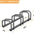 Three Bike Floor Stand For Garage And Indoor And Outdoor Use Space Saving Bike Rack That Mounts To Floor Fits 22 To 28 Inch Wheels No Wall Or Ceiling Mounting Needed Keeps Up To Three Bikes Safe Accessible And Neat, product dimensions labeled