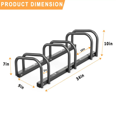 Three Bike Floor Stand For Garage And Indoor And Outdoor Use Space Saving Bike Rack That Mounts To Floor Fits 22 To 28 Inch Wheels No Wall Or Ceiling Mounting Needed Keeps Up To Three Bikes Safe Accessible And Neat, product dimensions labeled
