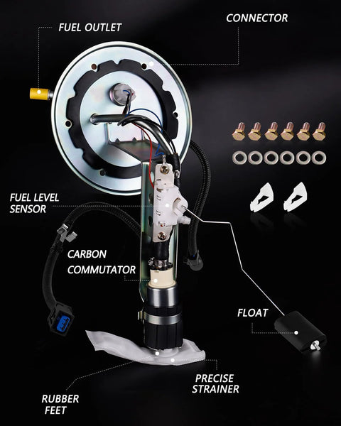 Electric Fuel Pump Assembly For 2003 To 2010 Ford Crown Victoria Lincoln Town Car Mercury Grand Marquis 4.6L V8 And 2003 To 2004 Marauder 4.6L V8 Replaces SP2336H E2336S EB336S OE Numbers 4W1Z9H307AA 3W1Z9H307AB Plug And Play Fit V8 Sedans with components labeled like fuel outlet, connector, commutator, and strainer.