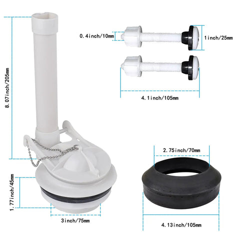 3 Inch Flush Valve Replacement Kit With Gasket And Bolts For 2 Piece Toilets No Fuss Easy Install Durable Seal Fits Standard Tank Replaces Leaks And Wobble Flushing, showing valve, bolts, and gasket dimensions.