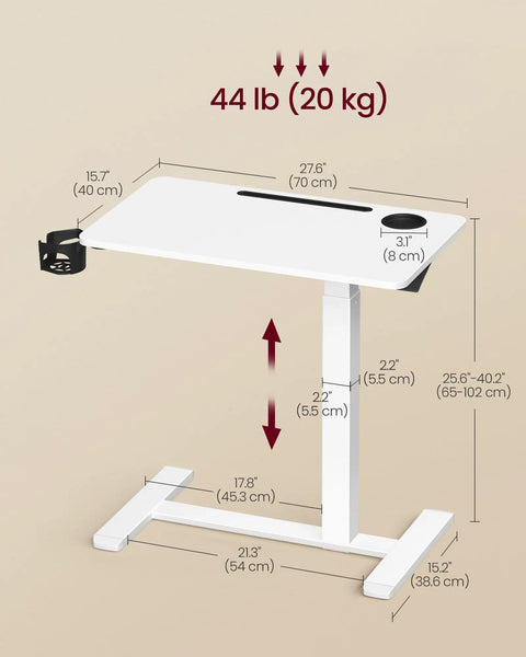 Measurements of Overbed Table With Wheels Adjustable Height Standing Desk For Home Office Or Hospital Use 27.6 x 15.7 Inch Tabletop