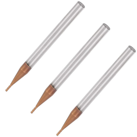 Three 4-flute carbide end mills with 10mm cutting length, silver shanks and copper tips, angled view.