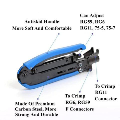 Coax Cable Crimping Tool Kit With Adjustable F Connectors For RG6 RG59 RG11 Includes 10 RG6 F Compression Connectors Stripping