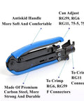 Coax Cable Crimping Tool Kit For RG6 RG59 RG11 With Adjustable Wire Stripper and Quick Release Blade, featuring blue handle.
