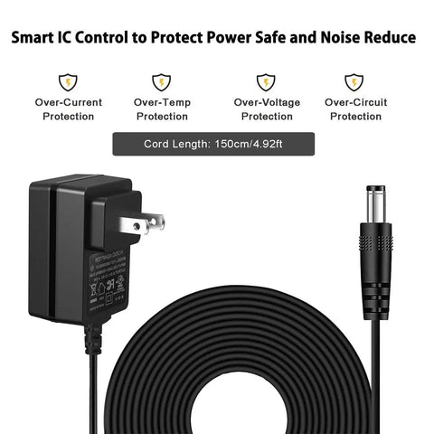 9V 500mA Guitar Pedal Power Supply For Most Effects Pedals AC Wall Charger With 5.5mm X 2.1mm Barrel Connector And Tip Negative 1.5m Cable Low Noise Interference Reduction For Smooth Pedalboard Power shown with cord and plug
