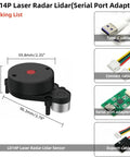 LD14P 360 Degree Lidar Sensor For Indoor And Outdoor Mapping And Obstacle Avoidance Pro Grade Plug And Play Omni Directional Scanning With Eight Meter Range SLAM Ready ROS1 ROS2 Compatible Serial Port Adapter, shown with cables and adapter board