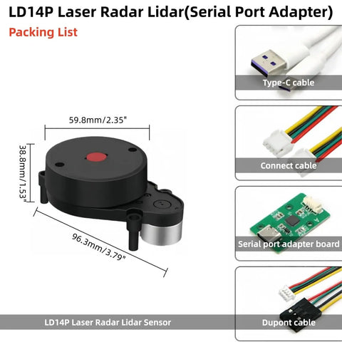 LD14P 360 Degree Lidar Sensor For Indoor And Outdoor Mapping And Obstacle Avoidance Pro Grade Plug And Play Omni Directional Scanning With Eight Meter Range SLAM Ready ROS1 ROS2 Compatible Serial Port Adapter, shown with cables and adapter board