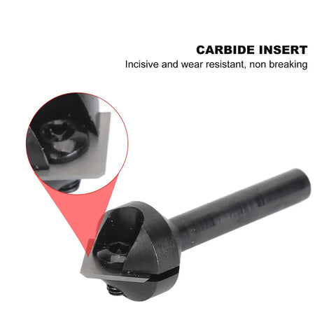 Top Shelf V Shape Router Bit Featuring A Knockout 90 Degree Carbide Blade For Crisp Woodworking Engraving And Quick 45 Degree Chamfer Cuts On CNC Machines - close-up view of carbide insert.