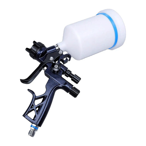 Nail Your Paint Project With This Hella Smooth Gravity Feed HVLP Spray Gun Featuring A Slick 1.7Mm Nozzle And Spiffy 600Ml Reusable Cup For Guaranteed Top Shelf Finishes, showing spray gun and 600ml container.