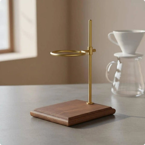 Sturdy Walnut Pour Over Coffee Stand With 360 Rotating Aluminum Arm Universal Dripper Holder For Barista Kitchen Countertop Setup Hella Smooth Daily Brew Routine Vibe showcasing a solid walnut base and gold arm.