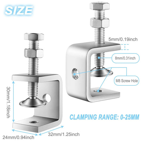 Two 304 stainless steel mini C-clamps with wide jaws and 1-inch opening for metalworking/woodworking.