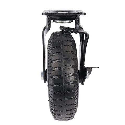 Premium No Sweat 8 Inch Pneumatic Rubber Caster With Side Brake showing tread pattern and mounting plate for heavy duty carts.