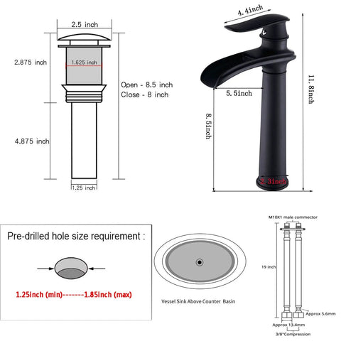 Matte Black Farmhouse Vessel Sink Faucet with dimensions, single handle, and pop-up drain, fits 3.3 cm to 4.5 cm sink hole.