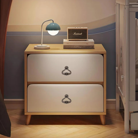 Wooden nightstand with 2 drawers featuring vintage drop ring drawer pulls in bronze zinc alloy, ideal for rustic or vintage decor.