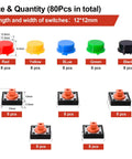 80 Piece Tactile Push Button Switch Kit With 4 Pin Momentary SMD PCB Tact Switches And 5 Color Button Caps for DIY projects