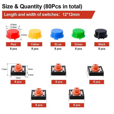 80 Piece Tactile Push Button Switch Kit With 4 Pin Momentary SMD PCB Tact Switches And 5 Color Button Caps for DIY projects