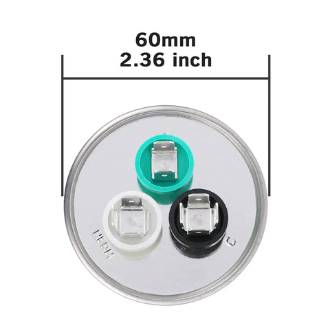 Top view of Dual Run Start Capacitor Fifty Plus Five Microfarad 370 440 Volt CBB65 showing terminals and 60mm diameter measurement.