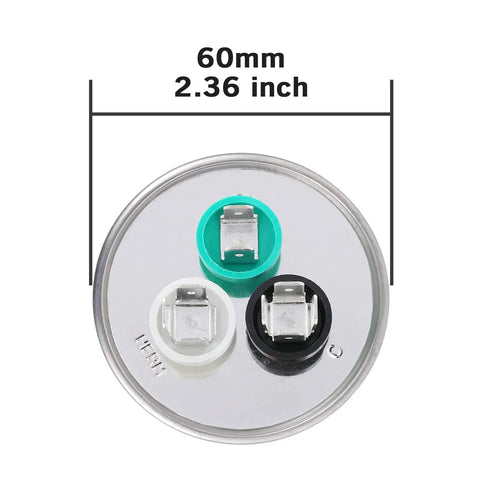 Top view of Dual Run Start Capacitor 45 Plus 5 MFD 370 440 VAC CBB65 Replacement, showing 60mm diameter and three terminals.