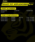 Chart showing exact fit applications for Chevrolet Spark 2016-2022 with part number 42527306, listing models Activ, LS, LT.