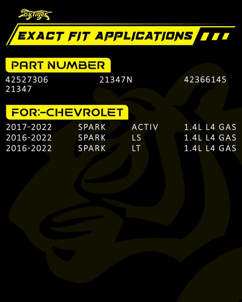 Chart showing exact fit applications for Chevrolet Spark 2016-2022 with part number 42527306, listing models Activ, LS, LT.