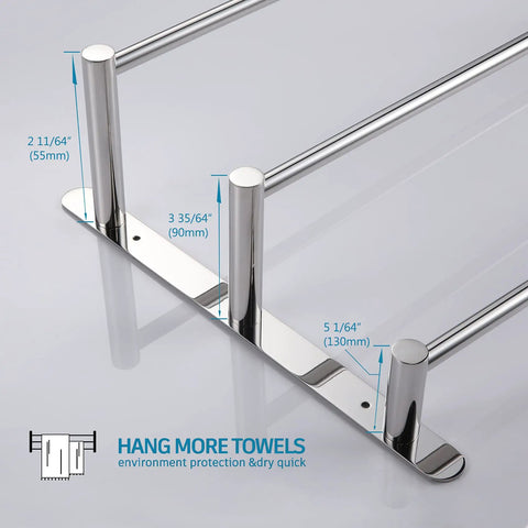 Stainless Steel 3-Tier Ladder Towel Rack With Wall Mount In Polished Chrome close-up showing mounting dimensions.