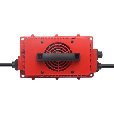 Top view of Beefed-Up 24V 30A Lead-Acid Battery Charger With SB50 Anderson Plug for forklifts, IP65 waterproof, red casing