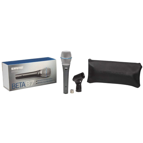 BETA 87A Studio Grade Vocal Microphone With Built In Pop Filter, mic with stand adapter, packaging, and carrying case
