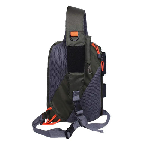 Side view of Fly Fishing Sling Pack For Quick Access Tackle Storage Shoulder Bag With Adjustable Padded Straps, Army Green