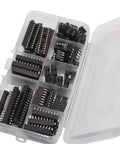 66 Piece DIP IC Socket Kit With Flat Feet Solder Type 2.54mm Pitch 0.5mm Above PCB in organized plastic case