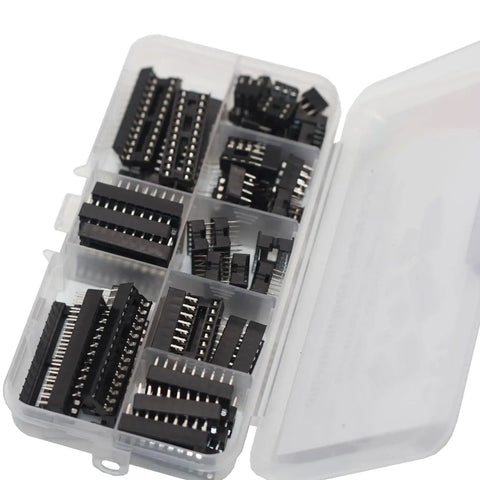 66 Piece DIP IC Socket Kit With Flat Feet Solder Type 2.54mm Pitch 0.5mm Above PCB in organized plastic case