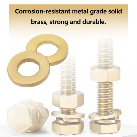 50 Pcs M1.0 Brass Washers Flat Copper Sealing Washers Gaskets shown with bolts, ideal for electronics, hardware, DIY projects.