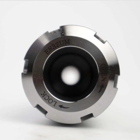 Close-up of R8 ER32 Collet Chuck Holder For Precision CNC Machining, showing front view details and lock/open indicators.
