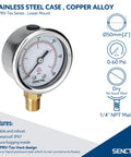 0-60 Psi Pressure Gauge With 2 Inch Dial And 1/4 NPT Lower Mount, Waterproof Stainless Steel Case, IP67 Rated for pools and spas