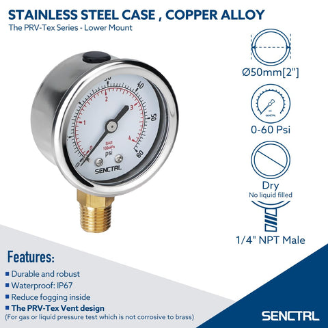 0-60 Psi Pressure Gauge With 2 Inch Dial And 1/4 NPT Lower Mount, Waterproof Stainless Steel Case, IP67 Rated for pools and spas