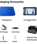 Packaging accessories for Built Like A Tank 8 Inch Windows 11 Pro Rugged Tablet including box, charger, strap, and dock.