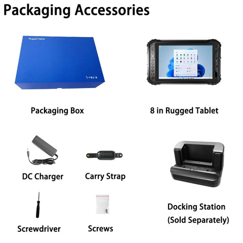 Packaging accessories for Built Like A Tank 8 Inch Windows 11 Pro Rugged Tablet including box, charger, strap, and dock.