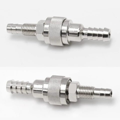 Five Sixteenths Inch Fuel Connector Replacement For Nissan Tohatsu Outboard Two Stroke And Four Stroke Engines 5 To 90 HP Includes Female 3B2 70250 1 And Male 3B2 70260 1 Fittings, stainless steel connectors on white background