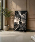 Killer Monochrome Train Canvas Wall Art Vintage Steam Locomotive Poster With Desert Canyon Tracks And Dramatic Storm Clouds Framed 24x36 Inches Ideal For Living Room Or Man Cave Decor in modern living room