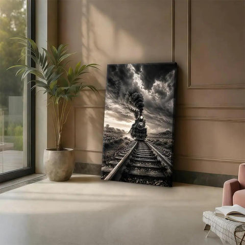 Killer Monochrome Train Canvas Wall Art Vintage Steam Locomotive Poster With Desert Canyon Tracks And Dramatic Storm Clouds Framed 24x36 Inches Ideal For Living Room Or Man Cave Decor in modern living room