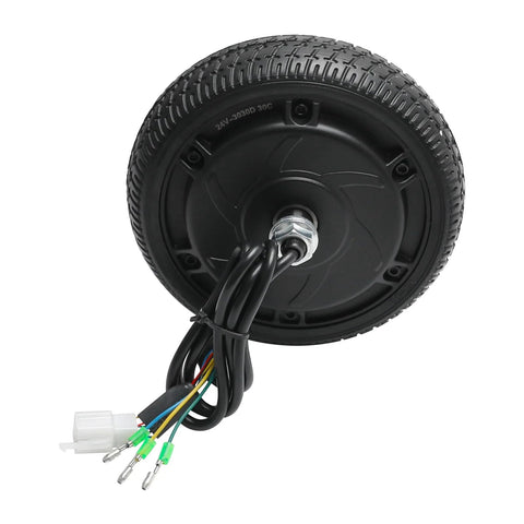 Black brushless hub motor wheel with 6.5-inch road tire and wiring harness