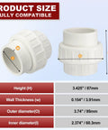 Size chart for Four Pack 2 Inch PVC Union Coupling Fittings Slip Socket To Socket SCH 40 Furniture Grade White, showing dimensions.