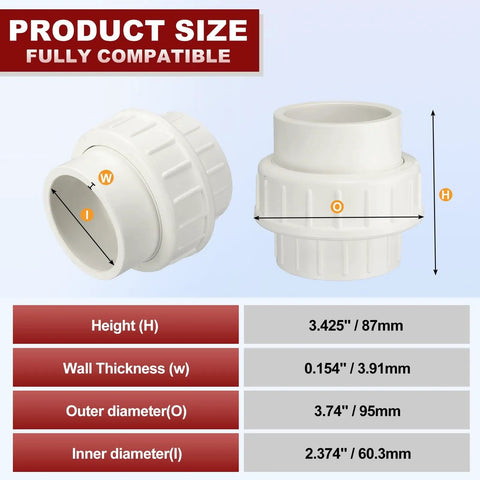 Size chart for Four Pack 2 Inch PVC Union Coupling Fittings Slip Socket To Socket SCH 40 Furniture Grade White, showing dimensions.