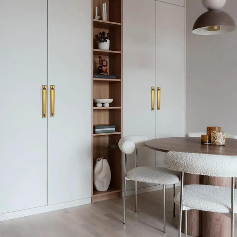 Beefy Antique Brass Cabinet Pulls With Plaquette Backplates, 7 9 16 Inch in modern kitchen setting