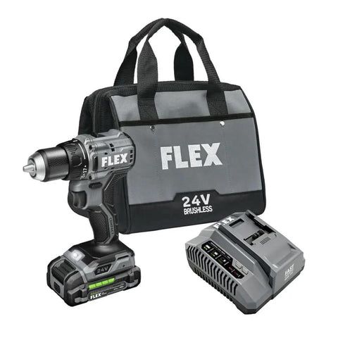 24V Brushless Cordless Drill Driver Kit With One Half Inch Chuck, 650 In Lbs Torque, 2 Speed, Compact Powerhouse You Can Take Anywhere, Includes 2.5Ah Lithium Battery And 160W Fast Charger with carrying bag shown