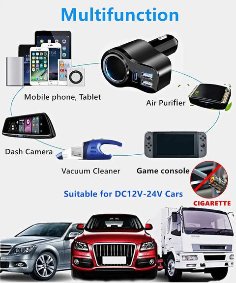 All In One USB C Car Charger With 168W Power, Dual 12V and 24V Cigarette Lighter Socket Splitter shown with connected devices
